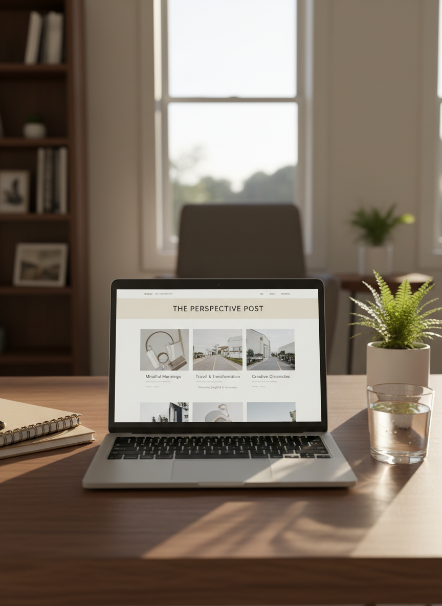 An open laptop with a clean, uncluttered blog homepage on the screen sits centered on a walnut desk, surrounded by neatly stacked notebooks, a simple glass of water, and a single small fern in a matte white pot. The screen displays a minimalist blog layout with neutral colors and clear typography. Late afternoon natural light streams across from the right, producing a warm, professional glow and soft reflections on the laptop’s metallic surface. Shot from a slightly elevated angle in photographic realism with moderate depth of field, the background dissolves into a soft blur of a tidy home office. The mood is focused yet welcoming, capturing the organized digital space where personal beliefs and experiences are shared.