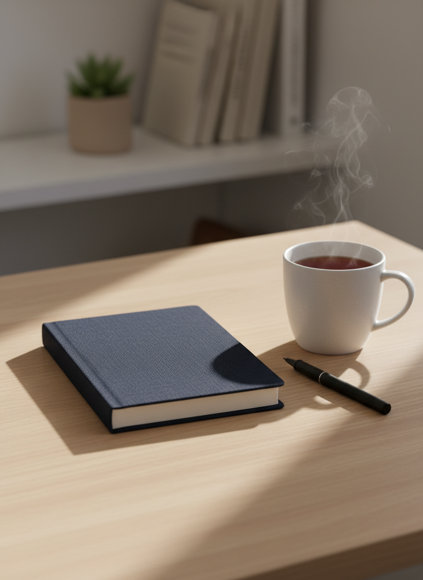 A sleek, closed hardcover notebook with a deep navy fabric cover and subtle texture rests on a clean, light oak desk. Beside it lies a fine-tip black pen and a minimalist ceramic mug filled with tea, faint steam curling upward. Soft morning daylight pours in from an unseen window to the left, casting gentle, elongated shadows and subtle highlights on the notebook’s edges. The background fades into a blurred shelf of neutral-toned books and a small plant. Photographic realism, shot at eye level with a shallow depth of field, creates a calm, introspective atmosphere, suggesting the private inner world of writing and reflection for a professional personal blog.