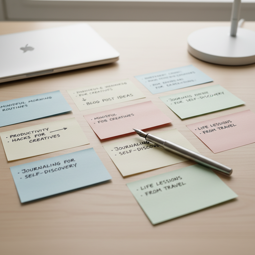 A cluster of index cards and sticky notes in muted pastel tones is arranged thoughtfully on a smooth wooden tabletop, each covered with handwritten ideas and small arrows connecting themes. A slim, silver fountain pen lies diagonally across one card, its nib catching the light. Diffused overcast window light from above and slightly behind creates a gentle, even illumination with soft shadows around the notes. In the blurred background, the edge of a closed laptop and a minimalist desk lamp are barely visible. Captured in photographic realism from a top-down, bird’s-eye view, the composition feels analytical yet personal, evoking the structured process of organizing inner thoughts and life reflections for blog posts.