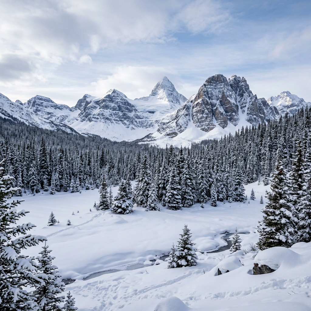 Snow-covered evergreen trees and mountains with snow under a cloudy sky